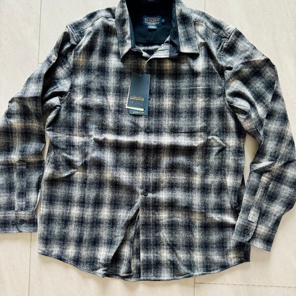NWT Pendleton 2025 Mens Plaid Wool Lodge Shirt Large Black Grey White Hombre - Picture 2 of 5
